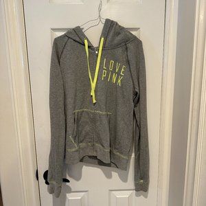 Pink VS sweatshirt w/ hoodie Grey w/ Neon Green Lettering Size M